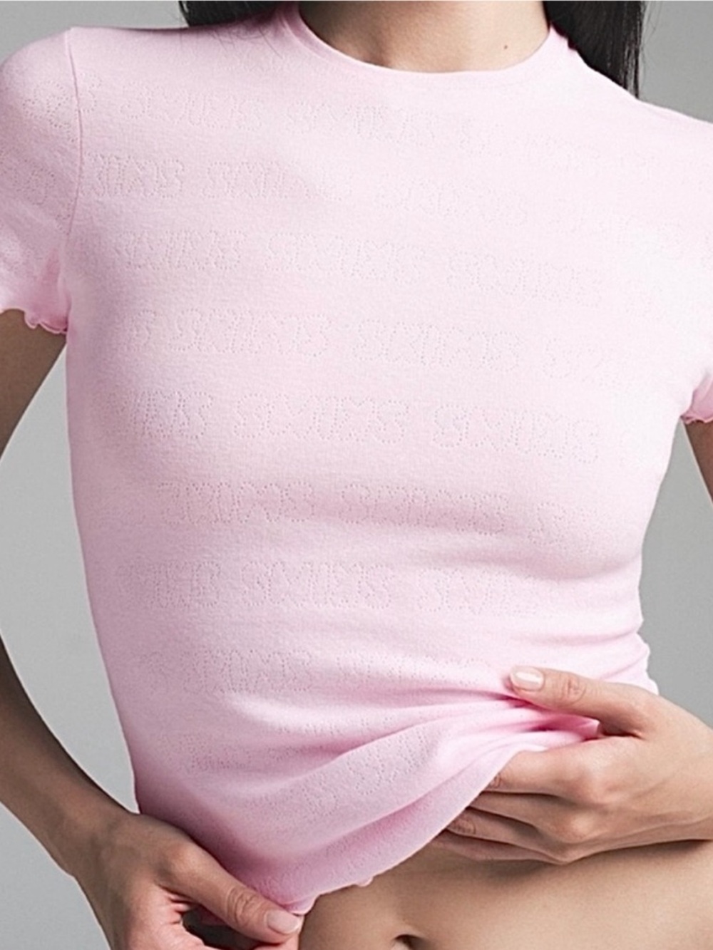Skims Pink Logo Pointelle Eyelet Short Sleeve Top